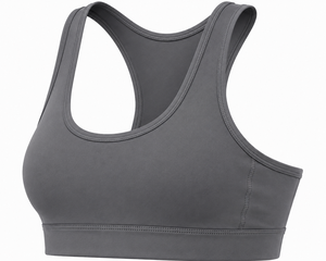 Soutien-gorge de sport gris pour femme, maintien élevé, dos nageur, col ras du cou, sans couture, logo frontal, séchage rapide, pour yoga et activités sportives - Product Image 3