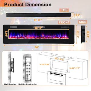 Chimenea Eléctrica Empotrada en la Pared Ultrafina de 68 Pulgadas con Decoración de Leños de Cristal - Product Image 4