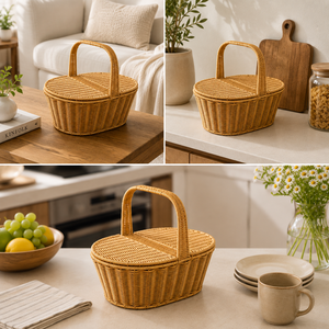 Cestas de ratán tejidas con tapa y asa - Product Image 3
