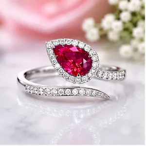 Elegant Ruby Red Crystal Open <b>Ring</b> for Women <b>Adjustable</b> <b>Silver</b> Plated Zircon Statement Fashion Jewelry - Product Image 1