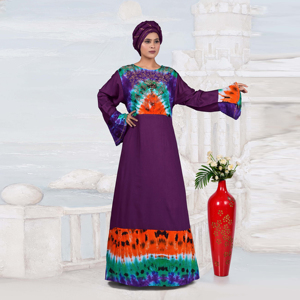 ชุดเดรสยาวมุสลิมสไตล์ตะวันออกกลาง แขนยาว ผ้าเรยอนแบบเรียบง่ายสำหรับผู้หญิง ตกแต่งคอเสื้อด้วยเพชร ดีไซน์ลายมัดย้อม - Product Image 3