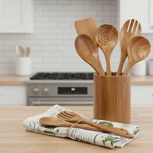 Juego de utensilios de cocina de madera ecológicos con mango largo chapado en oro rosa, diseño moderno, espátula, cuchara, volteador y cucharón antiadherentes, venta al por mayor - Product Image 1