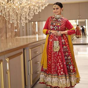 Red Embroidered <b>Floor</b>-<b>Length</b> Satin Floral Traditional Festive Anarkali Dress with Yellow Dupatta for Wedding Party - Product Image 5