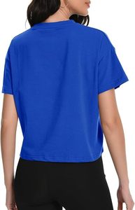 Custom Women <b>Crop</b> <b>Top</b> Short Sleeve Gym Wear Knitted T-Shirt Workout Wear <b>Royal</b> <b>Blue</b> - Product Image 6