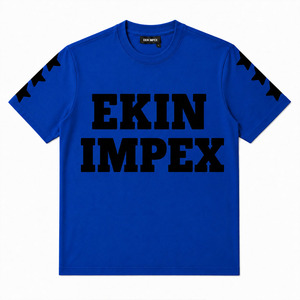 T-shirt bleu à manches courtes pour homme avec imprimé étoile noire sur les manches, vêtement décontracté d'été, 100% coton, col en V tricoté - Product Image 1
