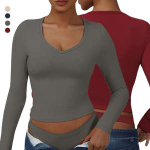 T-shirts à manches longues pour femmes, coupe ajustée, col rond, basiques, unis, printemps automne, vente en gros - Product Image 3