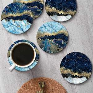 Blue Marble Golden Stone Table Absorbent Round Ceramic <b>Coasters</b> with Cork Base Metal Holder Luxury Marble Pattern <b>Drink</b> - Product Image 3