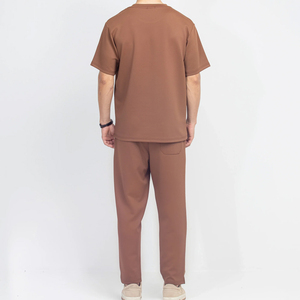 Men Brown <b>Tracksuit</b> Set Short Sleeve Crew Neck Solid Color Casual Loose Fit Summer Sportswear Full Length Pants Breathable Cotto - Product Image 2