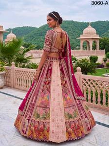 Beige Floral Print Embroidered Georgette <b>Lehenga</b> Choli Dupatta Floor Length Bridal Wear 3054-A V-Neck Sleeveless A-Line Classic - Product Image 3