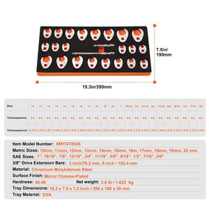 Set di chiavi a zoccolo da 24 pezzi con attacco da 3/8 di pollice, 2 prolunghe, SAE 3/8-1 pollice, metrico 10-22 mm, in acciaio CR-MO - Product Image 3