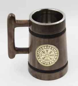 Wooden <b>Beer</b> Mug Nordic Design Vintage Laser Engraved Viking Symbol Handle Eco-Friendly CE Certified Microwave Safe Lid Hand Grip - Product Image 4