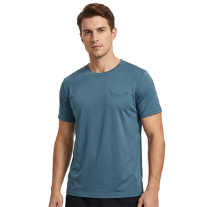 Camiseta de Manga Corta Azul Sólido para Hombre con Logotipo de Ala en Relieve, Secado Rápido, Tejido de Punto, Corte Regular, Cuello Redondo, Ropa Deportiva Informal - Product Image 2