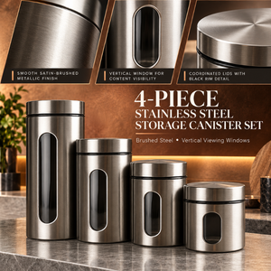 Four Piece Stainless Steel <b>Canister</b> <b>Set</b> with Brushed Finish and Viewing Windows | Modern Kitchen Storage Containers for Dry Food - Product Image 5
