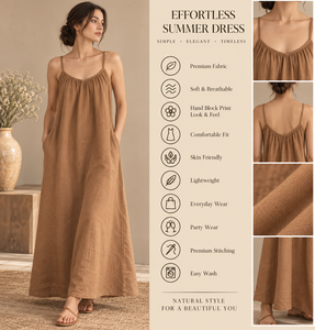 Robe longue beige en lin et coton pour femme, bretelles spaghetti, coupe trapèze, tissée, ample, pour les vacances et tenue décontractée - Product Image 2