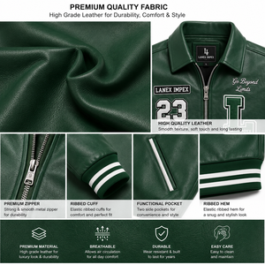 Custom Green <b>Leather</b> Varsity <b>Jacket</b> for <b>Men</b> Embroidered Letterman Bomber <b>Jacket</b> with Chenille Patches OEM ODM Bulk Manufacturer - Product Image 5