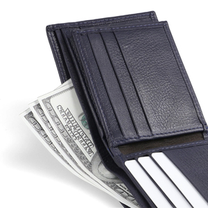 Cartera Corta de Cuero Genuino de Alta Calidad con Bloqueo RFID, Tarjetero Bifold, Logotipo Personalizado Bordado, Azul, para Hombre, Profesional - Product Image 5