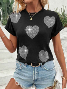Women Casual Crew Neck Half Sleeve Anti Wrinkle Breathable Eco Friendly Polyester Cotton Spring Summer Solid Rhinestone T Shirt - Product Image 3