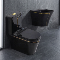 Ensemble WC monobloc et lavabo mural gris de luxe avec ligne dorée pour hôtels étoilés
