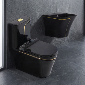 Conjunto de Inodoro de Una Pieza y Lavabo Suspendido en Gris de Lujo con Línea Dorada para Hoteles de Primera Categoría - Product Image 5
