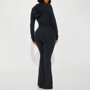 Women's Black Hooded 2-Piece Washed Set Long Sleeve Zipper <b>Top</b> Flare Pants Casual Knitted Outfit Spring/Summer 100% Cotton - Product Image 2