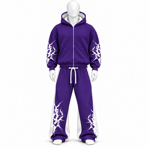 OEM Men Winter Streetwear Hooded Solid <b>Baggy</b> Zipper Fleece Oversized Two Piece Jogging <b>Pants</b> Tracksuit Set Wholesale - Product Image 4