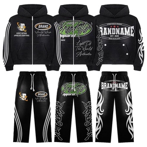 Custom Logo 100% Cotton Acid Wash Sweat <b>Suit</b> Unisex Wide Sweat Pants Track <b>Suits</b> Zip up Hoodie <b>and</b> Jogger Set - Product Image 1