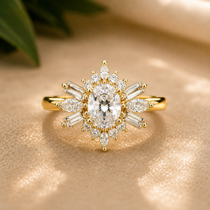 Bagues de mariage en or jaune 14K 18K avec diamant de laboratoire ovale Starburst Halo, certifiées IGI, bijoux personnalisés, fournisseur en gros - Product Image 1