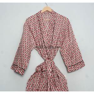 100% Cotton Woven Hand Block Printed Indian Floral Luxury Bath Wear Kimono Robe <b>Sleepwear</b> Nightgown for Summer - Product Image 3