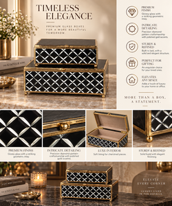 <b>Black</b> Geometric Glass Jewelry Storage Box Set with Gold Metal Frame Patterned Finish Soft Lining Decorative Keepsake Organizer - Product Image 5