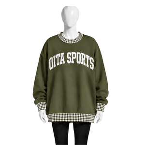Sweat-shirt décontracté pour homme, vert olive, coupe ample, col rond, avec bordure à carreaux, manches longues, imprimé graphique, streetwear décontracté - Product Image 1