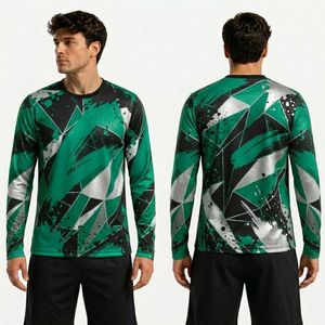 Camiseta Deportiva de Manga Larga con Diseño Geométrico Angular en Verde Esmeralda, Poliéster Premium Transpirable que Absorbe la Humedad - Product Image 1