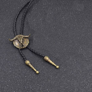 Horn Valor Retro Alloy Pendant Bolo Tie-Adjustable Genuine Leather Cowboy Necktie with Natural Stone for Men & Boys - Product Image 4