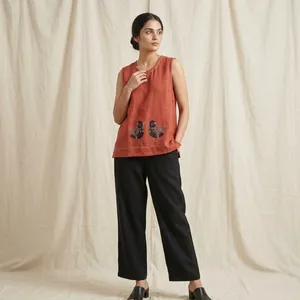 <b>Women</b> Rust Orange Short Cotton <b>Kurti</b> Sleeveless Round Neck Bird Embroidery Loose Fit Casual Ethnic Top Everyday Summer Wear - Product Image 1