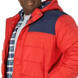 Men's <b>Red</b> <b>Hooded</b> Puffer <b>Jacket</b> Color Blocking Windproof Casual Winter Wear Polyester Shell Regular Fit Button Closure - Product Image 6