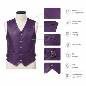 Chaleco de Cuero Sintético para Hombre, Talla Grande, Color Morado, Cuello en V, Estilo Casual, 100% Cuero, Cortavientos, Cierre de Botón - Product Image 5