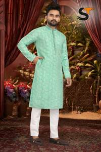 Pure Silk Solid Pattern Trendy Comfortable Stylish Full Stitched Readymade <b>Men</b> Kurta With Cotton Pyjama - Product Image 2
