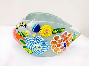 Green Handmade Eco-Friendly Durable Lightweight Adjustable Unisex Hair Accessories Floral Embroidery <b>Beaded</b> Detailing <b>Headband</b> - Product Image 2