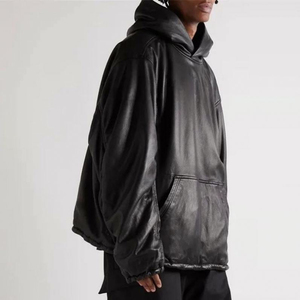 Chaqueta de Cuero Genuino para Hombre, Talla Grande, Invierno, con Capucha, Transpirable, Estilo Motero, Manga Larga, Servicio OEM, Venta al Por Mayor - Product Image 3