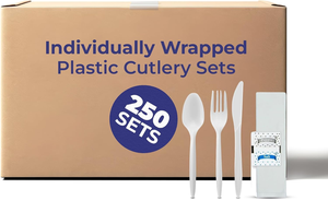 Paquete de 250 Cubiertos Desechables de PS Envueltos Individualmente, Biodegradables y Ecológicos, Incluye Tenedores, Cucharas, Cuchillos, Servilletas, Sal y Pimienta - Product Image 2