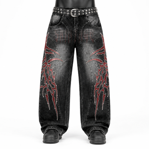 Jean en denim taille haute à jambe large pour homme, en coton, style punk, avec rivets et déchirures, coupe ample, streetwear automne - Product Image 1