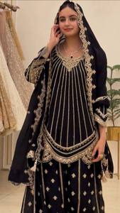 Conjunto de Kurta Larga Negra Bordada con Dupatta para Mujer, Ropa Tradicional Étnica India/Pakistaní para Bodas, Seda, Corte Holgado - Product Image 2