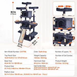 Torre per Gatti da Interno 174 cm con 2 Cucce, Tiragraffi in Sisal, Amache e Piattaforme Superiori per il Salto dei Gatti - Product Image 3