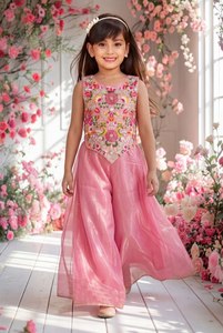 Conjunto de Kurta y Pantalón Premium para Niñas, Estilo Tradicional, Bordado en Tela de Sarga, Transpirable, Antiarrugas, Elástico, para Todas las Temporadas | - Product Image 4