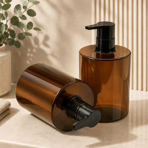 Flacon pompe en PET ambré de 480 ml, distributeur de lotion rond, emballage cosmétique pour shampoing, gel douche - Product Image 1