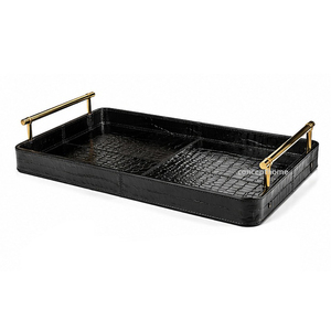 Bandeja Rectangular de Cuero Marrón para Servir con Asas Doradas, Acabado Pulido de Color Sólido, Uso Residencial - Product Image 2