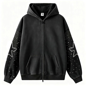 Sweat à capuche oversize pour homme, noir, style hip-hop, avec motif étoile en strass sur la manche et lettres, en polyester/coton respirant, pour l'hiver - Product Image 3
