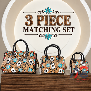 Ensemble de 3 sacs de voyage de luxe personnalisés en cuir véritable, motif floral et cartes à jouer, sacs bandoulière assortis - Product Image 1