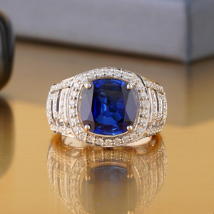 Mens Sapphire Blue <b>CZ</b> <b>Ring</b> 14K Gold VVS-VS DEF Statement Band Prong-Set Gemstone Cut Fine Jewelry for Graduation - Product Image 1