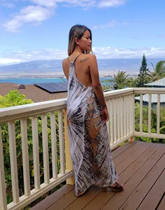 ชุดเดรสแม็กซี่ผ้าเรยอนสีขาวน้ำตาลแบบลำลองสำหรับผู้หญิง สายเดี่ยวแบบสปาเก็ตตี้ คอวี ทรงพลิ้วสไตล์โบโฮ ชุดเดรสยาวสำหรับฤดูร้อน - Product Image 3