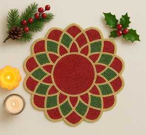 Handmade <b>Beaded</b> Christmas <b>Placemat</b>, Red, Green, and Gold Decor - Product Image 2